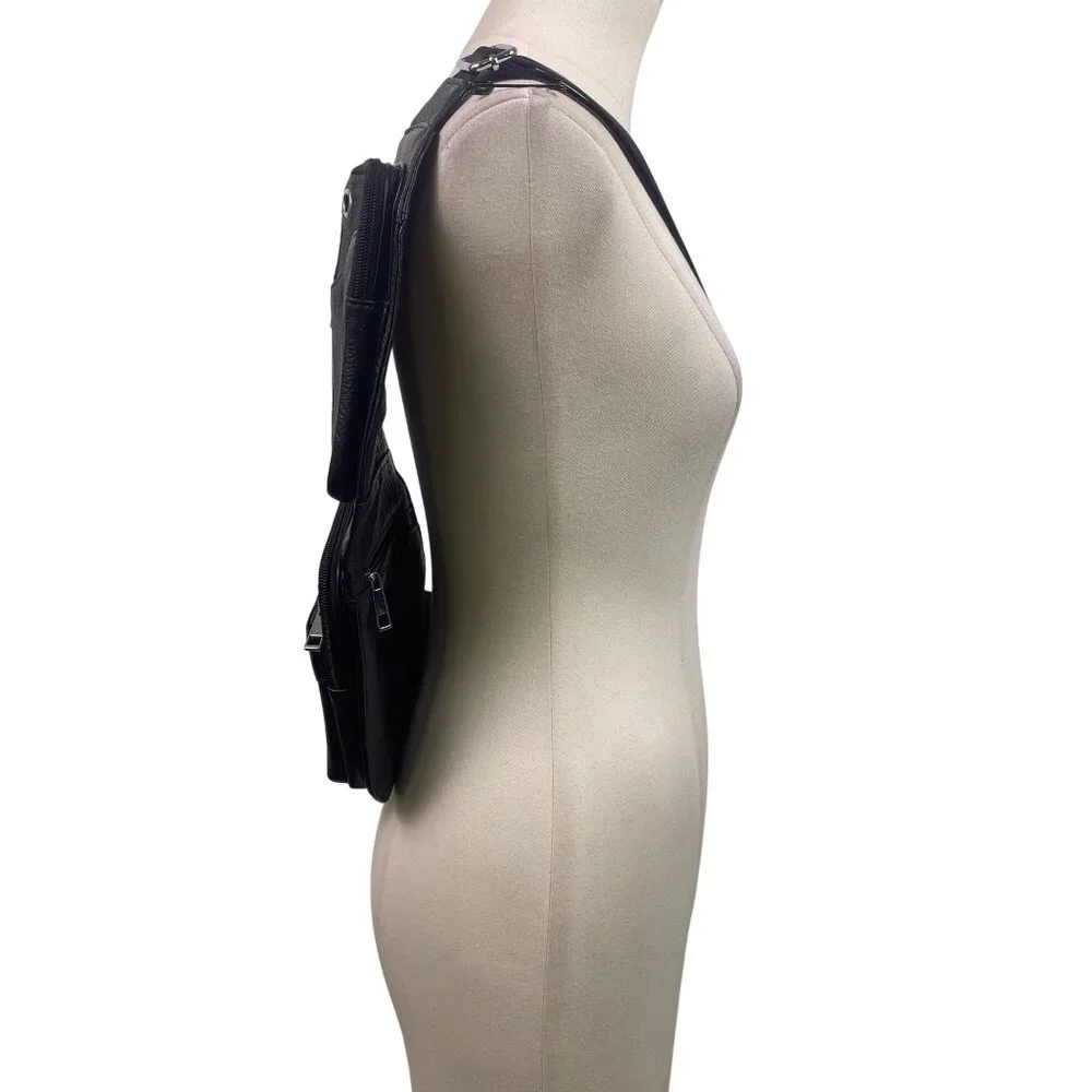 Yi Ang Men’s Black Faux Leather Multiple Zipper Pockets Crossbody Sling Bag